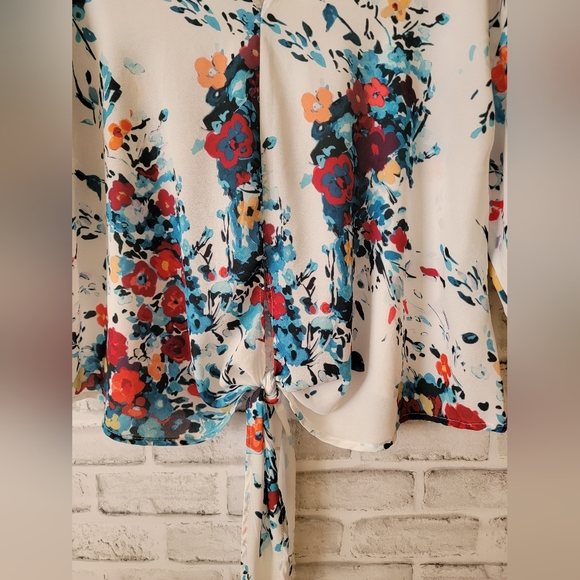 Chiffon V-neck, tie at the bottom with bat wings sleeves size Large - Picture 3 of 6